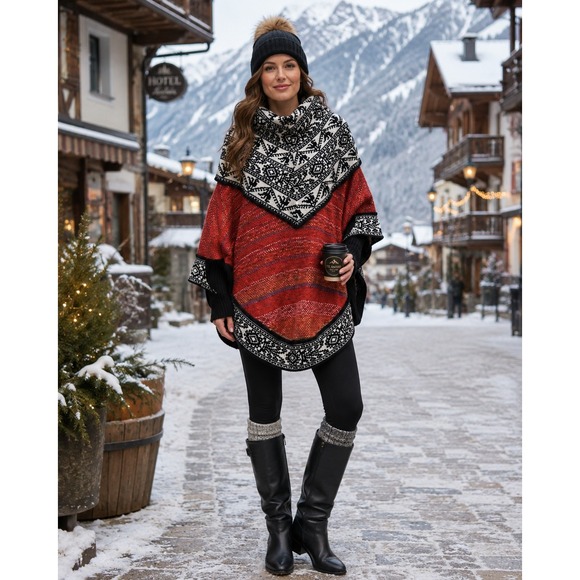 Jahuari Collection Sweaters - Jahuari Collection Alpaca Wool Fair Isle Poncho Sweater Red One Size